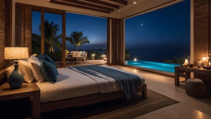 Bedroom in luxury tropical beach resort with swimming pool and beautiful night sky in background. AI Generative.