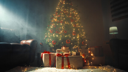 gifts under the christmas tree during the night