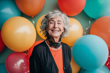 Obraz premium Stylish elderly woman smiling against the background of colored balloons