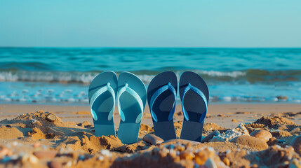 flip flops are on the beach. The beach is calm and peaceful, with the ocean waves gently lapping at the shore. Two pairs of flip flops standing on the beach, light blue and dark blue