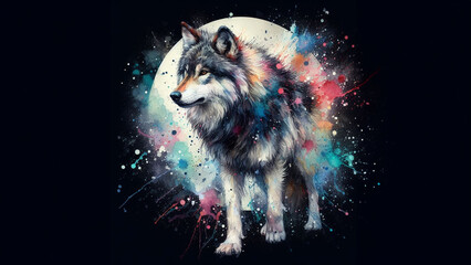 Mystic Wilderness: A Wolf Stands Boldly Against a Dark Watercolor Splash Background