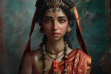 A stunning depiction of Devi Parvati, the Hindu goddess of love, fertility, and devotion, often revered as the nurturing and empowering mother figure in Hindu mythology. - obrazy, fototapety, plakaty