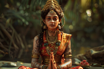 A stunning depiction of Devi Parvati, the Hindu goddess of love, fertility, and devotion, often revered as the nurturing and empowering mother figure in Hindu mythology. - obrazy, fototapety, plakaty