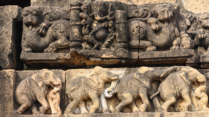 Beautiful Ancient Carvings on the Temple of Shri Pataleshwar Temple, Malhar, Chhattisgarh, India.