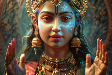 A stunning depiction of Devi Parvati, the Hindu goddess of love, fertility, and devotion, often revered as the nurturing and empowering mother figure in Hindu mythology.