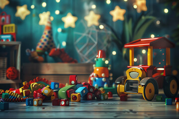 An assortment of colorful kids' toys scattered on a playful background, inviting imagination and joy.