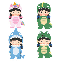 cute kid girl in animal costumes set