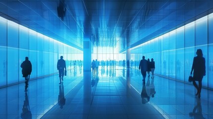 Silhouettes move gracefully through a contemporary passageway, the glass walls framing their shadowy presence against the vibrant blue ambiance.
