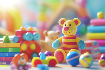 Obraz na płótnie Canvas An assortment of colorful kids' toys scattered on a playful background, inviting imagination and joy.