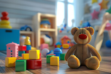 An assortment of colorful kids' toys scattered on a playful background, inviting imagination and joy.