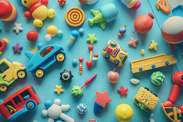 An assortment of colorful kids' toys scattered on a playful background, inviting imagination and joy.