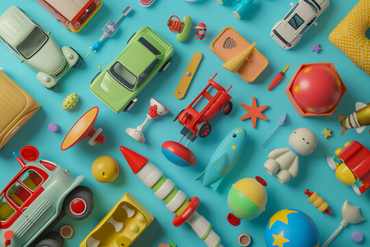 An assortment of colorful kids' toys scattered on a playful background, inviting imagination and joy.