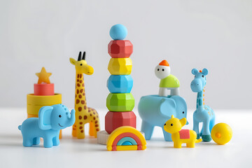 An assortment of colorful kids' toys scattered on a playful background, inviting imagination and joy.