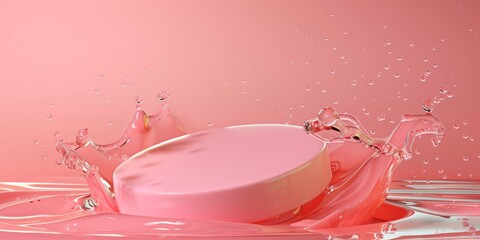 Pink podium in water splashes for the presentation of various products