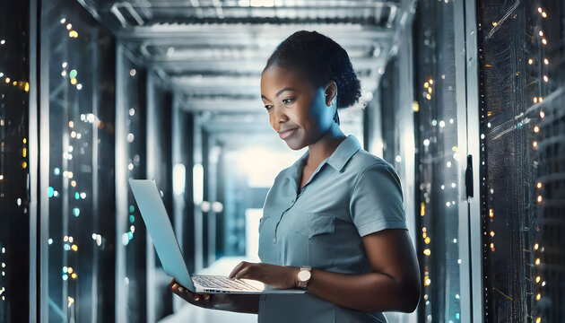Laptop, network and data center with a black woman it support engineer working in a dark ser. Generative AI.