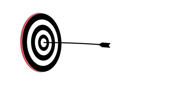 Bow arrows fly on the target animation. Arrow shooting at the target 1 time. Hit a target or goal with an arrow simple loop animation on white background. Aim target with arrow sign.