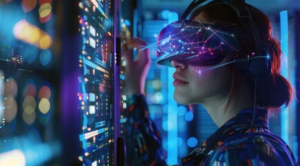 Une technicienne portant des lunettes VR travaillant dans la salle des serveurs, entourée de données holographiques et de connexions réseau. - obrazy, fototapety, plakaty