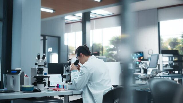 Establishing Footage in a Genetic Research and Development Laboratory: Young Science Student Working on a Computer and Using a Microscope. Advanced Biotechnology Lab with Modern Equipment