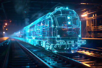 A mesmerizing wireframe-based visualization of a train against a glowing translucent background, offering a futuristic and dynamic interpretation of modern transportation.