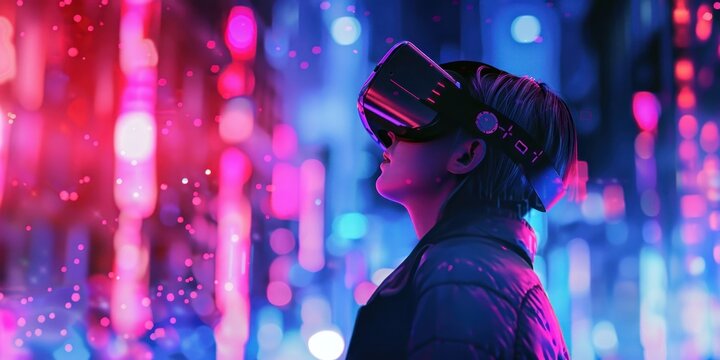 Une personne portant un casque de r&eacute;alit&eacute; virtuelle devant des visualisations de donn&eacute;es lumineuses, image avec espace pour texte.