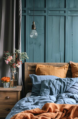 A close-up of a bed with orange and blue bedding, a wooden headboard next to blue-green wall panels, under a spring lamp, a bouquet in a vase, on a wooden nightstand next to gray curtains.