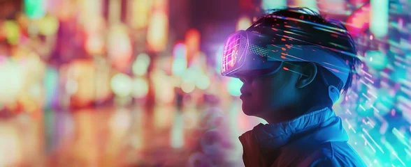 Fotobehang Une femme portant des lunettes de réalité virtuelle, avec des données et des codes holographiques sur un arrière-plan coloré, image avec espace pour texte. © David Giraud