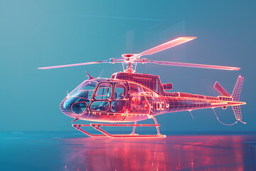 An innovative wireframe-based visualization depicting a helicopter against a glowing translucent background, showcasing advanced design and futuristic aesthetics.