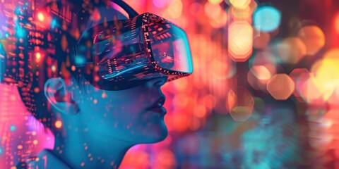 Une femme portant des lunettes de réalité virtuelle, avec des données et des codes holographiques sur un arrière-plan coloré, image avec espace pour texte. - obrazy, fototapety, plakaty