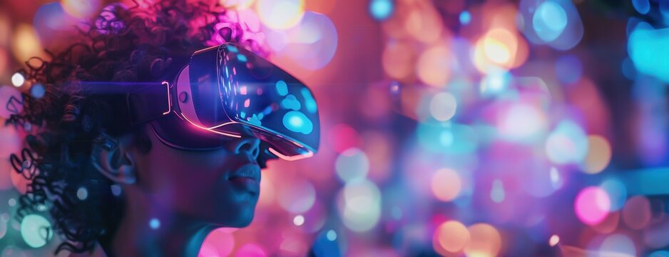 Une femme portant des lunettes de r&eacute;alit&eacute; virtuelle, avec des donn&eacute;es et des codes holographiques sur un arri&egrave;re-plan color&eacute;, image avec espace pour texte.