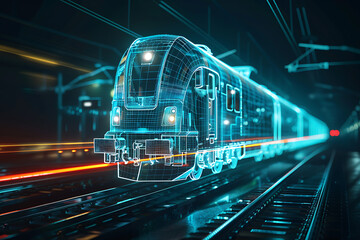 A mesmerizing wireframe-based visualization of a train against a glowing translucent background, offering a futuristic and dynamic interpretation of modern transportation.
