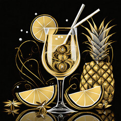 Cocktail glass with yellow drink, straw, pineapple, fresh anise, orange segments; gold, black background. 