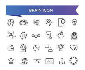 Brain icon collection. Related to mind, brainstorming, head, neuron, cognition, thinking, intelligence and more. Line vector icons set.