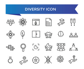 Diversity icon collection. Related to equality, culture, languages, tolerance, difference, belonging, human rights and ethnicity icons. Line icon set.
