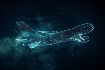 Fototapeta na wymiar A futuristic wireframe-based visualization of an airplane against a glowing translucent background, showcasing advanced aeronautic design and cutting-edge technology in digital art.