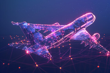 A futuristic wireframe-based visualization of an airplane against a glowing translucent background, showcasing advanced aeronautic design and cutting-edge technology in digital art. - obrazy, fototapety, plakaty