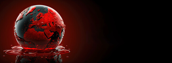 Concept of saving planet, miniature globe floats in blood, black background. AI generated.