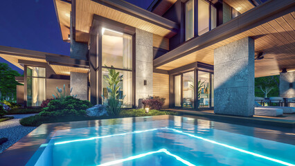 3d rendering of modern two story house with gray and wood accents, large windows, parking space in the right side of the building. Clear summer night with many stars on the sky.