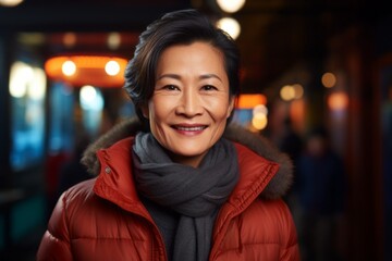 Portrait of a grinning asian woman in her 50s wearing a thermal fleece pullover in front of lively nightclub background - obrazy, fototapety, plakaty
