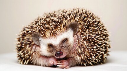 Sleeping curled up wild hedgehog on white,, nose,, eye sockets and one front paw visible