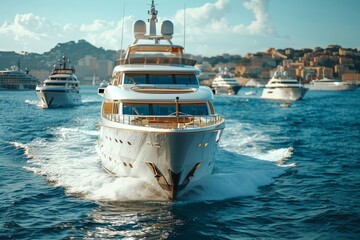 An elegant lifestyle is encapsulated in this image of a luxury yacht sailing through the sparkling...