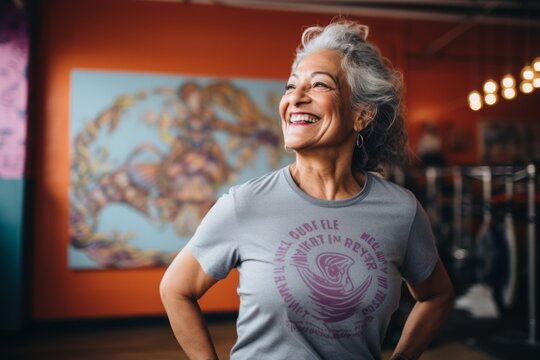 Portrait of a joyful indian woman in her 70s sporting a vintage band t-shirt on vibrant yoga studio background
