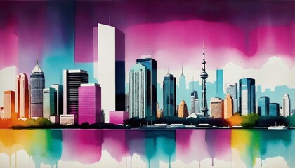 Cityscape Vision: A Modern Urban Business Center, Watercolor Design