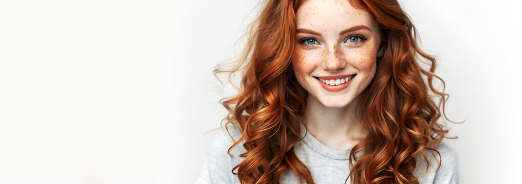 Primer plano de una chica pelirroja con pecas. Mujer con el pelo rojo feliz y sonriente. Persona sonriente con camisa blanca sobre fondo blanco. Mujer sobre fondo blanco con espacio de copia.