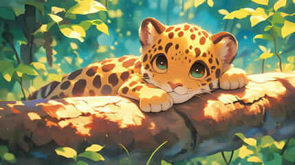 Cute baby jaguar in the forest background illustration