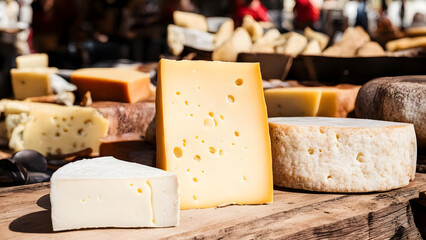 Various types of cheese on a wooden board. Selective focus.