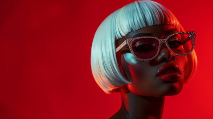 A woman with a short blonde wig and red lipstick is wearing a pair of diamond-studded sunglasses. A woman with a short white wig and red lipstick. a dark skinned black woman wearing futuristic