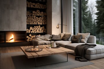 Modern living room interior with sofa and coffee table in scandinavian style