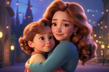 Mom hugs her daughter, 3d animation style