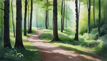 Basking in the Sunshine: A Nature Walk Through the Woods, Watercolor Wall Paper - obrazy, fototapety, plakaty