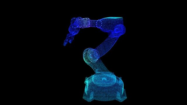 Digital Video Footage Polygonal Industrial robot. Glow Blue particles formation in 3d robot hand model.